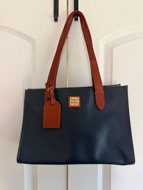 Dooney & Bourke Navy Leather Shoulder Bag with Brown Trim Classy Satchel Tote